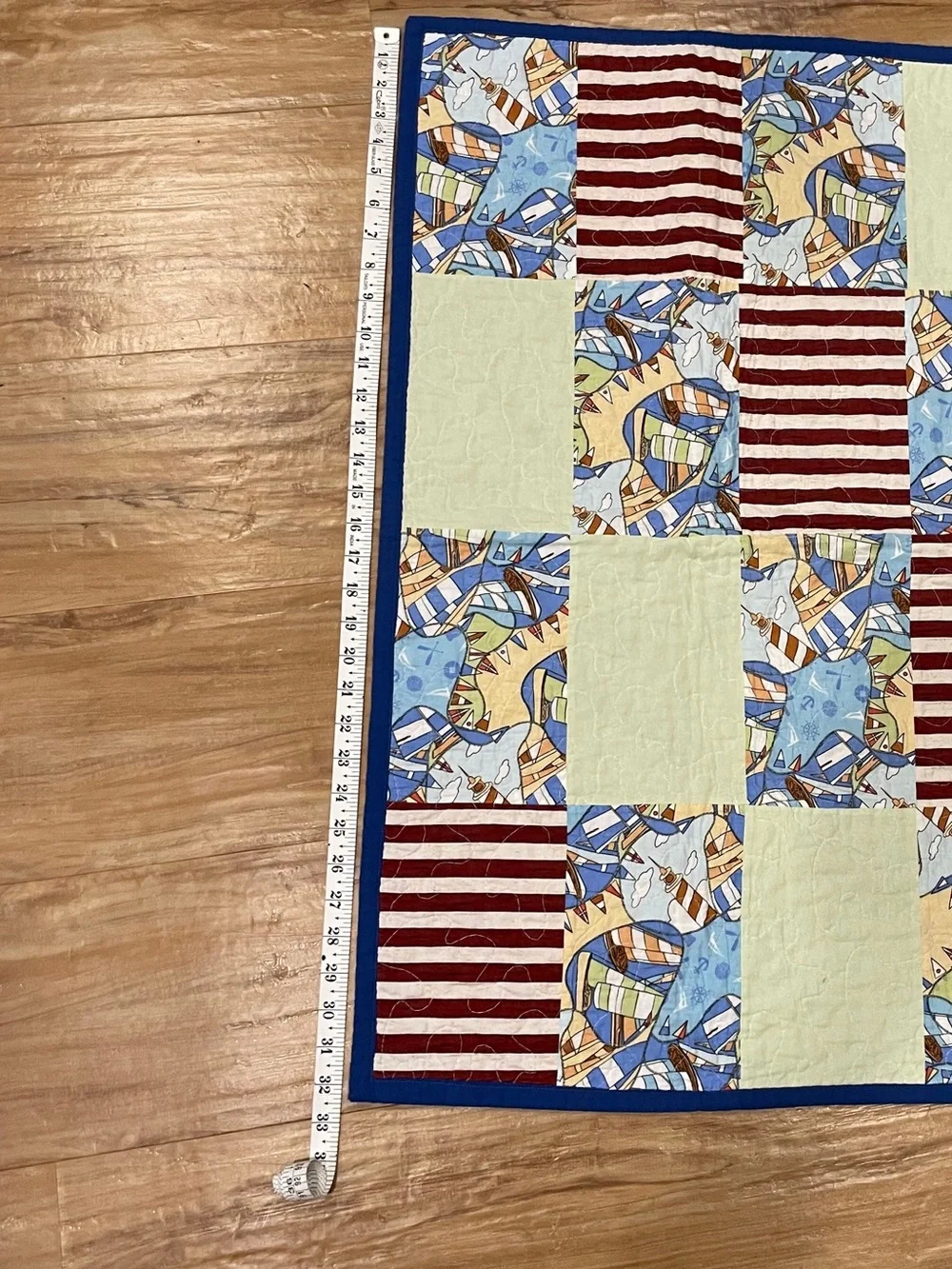 Handmade Nautical Theme Red White Blue Cottage Core 32.5” X 42.5” Baby Quilt